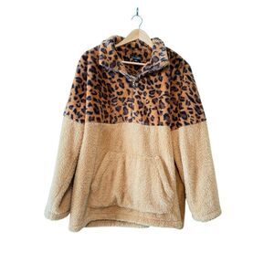 Suzanne Betro Size 2X Two Tone Teddy Fleece 1/4 Zip Beige Brown Cheetah Print
